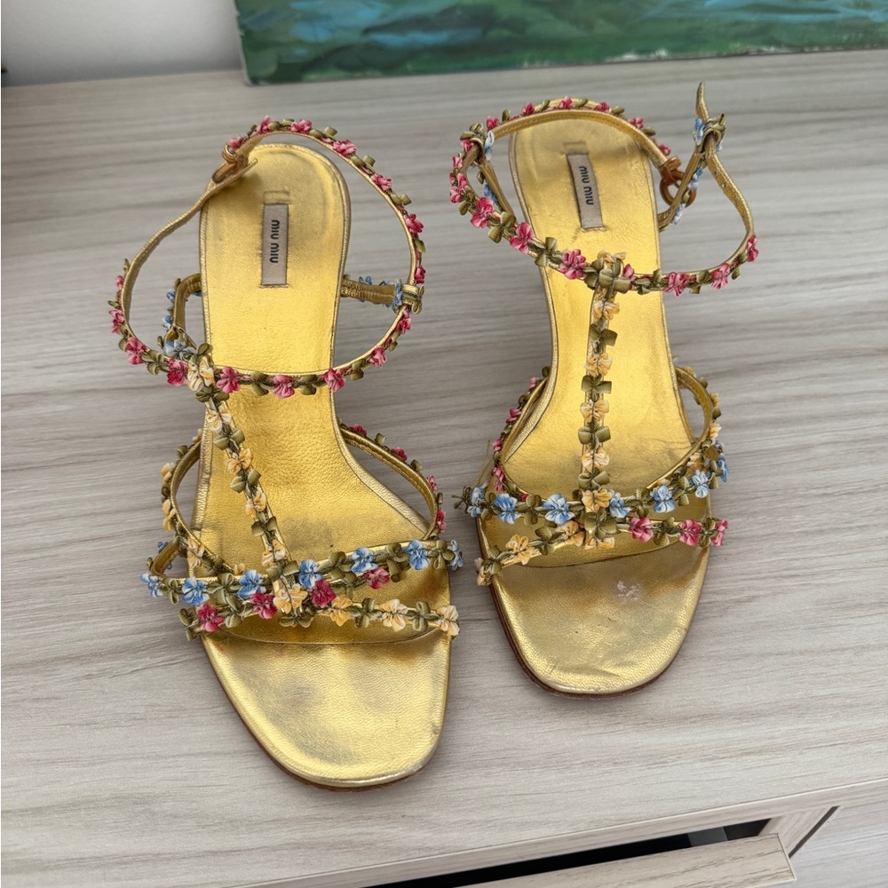 Miu Miu Metallic Gold Leather Floral Strap Sandals